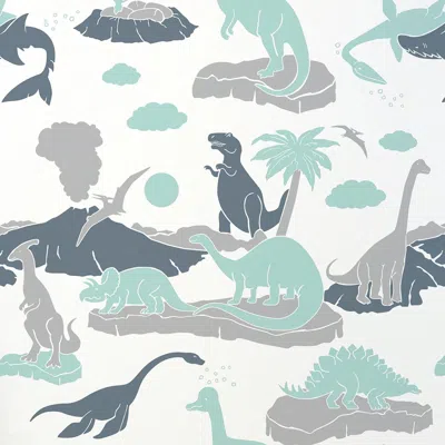 Pre-owned Aimee Wilder Pangaea Designer Dinosaur Wallpaper In Mineral 'mint, Grey And Steel Blue' In Gray