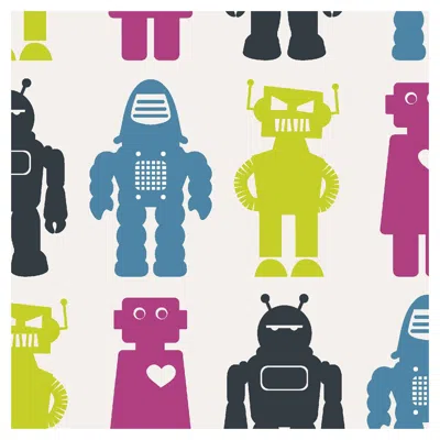 Pre-owned Aimee Wilder Robots Designer Wallpaper In Classic 'lime, Magenta, Blue And Charcoal'