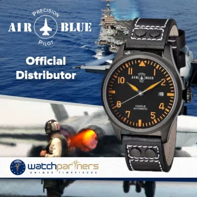 Pre-owned Air Blue Charlie Auto Black Pvd Watch 44mm Case Sapphire 10atm Black/orange Dial