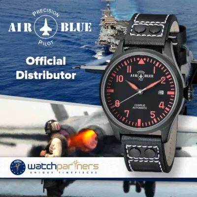 Pre-owned Air Blue Charlie Auto Watch Black Pvd 44mm Case Sapphire 10atm Black/red Dial