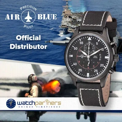 Pre-owned Air Blue Delta Chrono Watch Black Pvd 44mm Case 10atm Sapphire Crystal Blk Dial