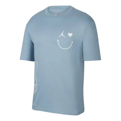 Air Jordan Men's  Smiling Face Pattern Logo Printing Round Neck Short Sleeve Blue T-shirt