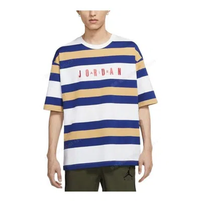 Air Jordan Men's  Ss22 Stripe Logo Round Neck Short Sleeve Blue White T-shirt In Multi