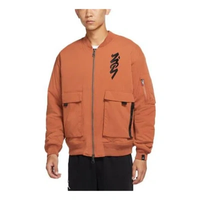 Air Jordan Men's  Zion Flight Alphabet Embroidered Aviator Woven Padded Clothes Brown Jacket In Orange