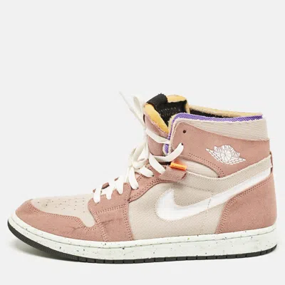 Pre-owned Air Jordans Beige/white Leather And Canvas Jordan 1 Mid Tan Gum Sneakers Size 45.5 In Multicolor