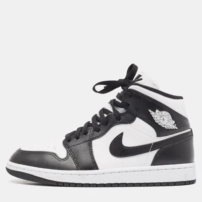 Pre-owned Air Jordans Black/white Leather Jordan 1 Mid Panda Sneakers Size 40