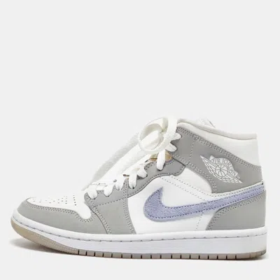 Pre-owned Air Jordans Grey/white Leather Air Jordan 1 Mid Wolf Grey Sneakers Size 35.5