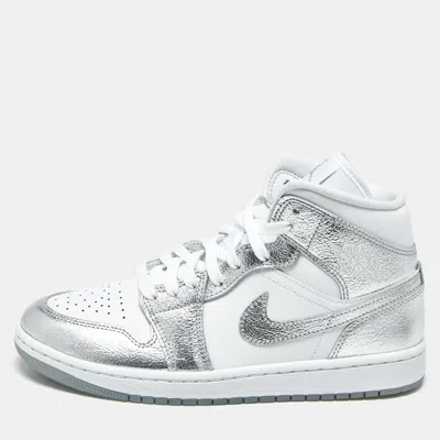 Pre-owned Air Jordans Jordan 1 Se Metallic Size 40.5 Silver/white Leather Mid Top Sneakers