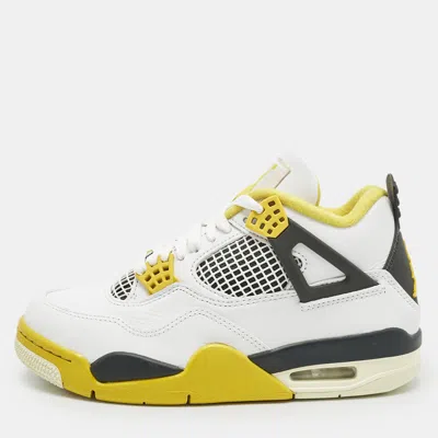 Pre-owned Air Jordans White Leather Jordan 4 Retro Vivid Sulfur Sneakers Size 37.5