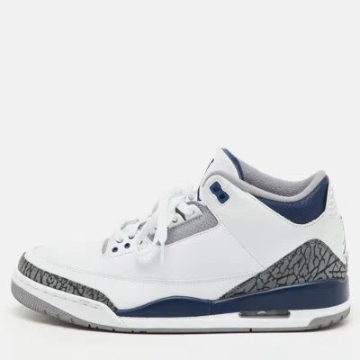 Pre-owned Air Jordans White/navy Blue Leather Jordan 3 Retro Midnight Navy Sneakers Size 45