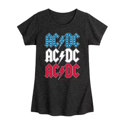 Air Waves Ac/dc Usa Big Kid Girls Crew Neck Short Sleeve Ac/dc T-shirt In Black