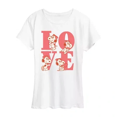 Air Waves Belle Love Womens Crew Neck Short Sleeve Classic Fit Peanuts Graphic T-shirt In White