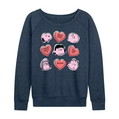 Air Waves Candy Heart Grid Womens Boat Neck Long Sleeve Classic Fit Peanuts Graphic T-shirt In Blue