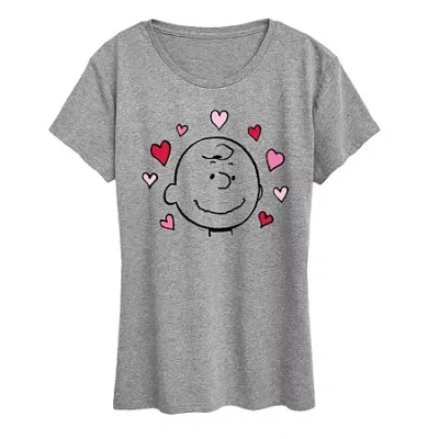 Air Waves Charlie Face With Hearts Womens Crew Neck Short Sleeve Classic Fit Peanuts Graphic T-shirt In Gray