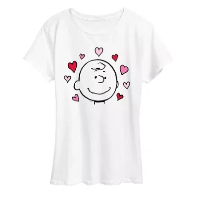 Air Waves Charlie Face With Hearts Womens Crew Neck Short Sleeve Classic Fit Peanuts Graphic T-shirt In White