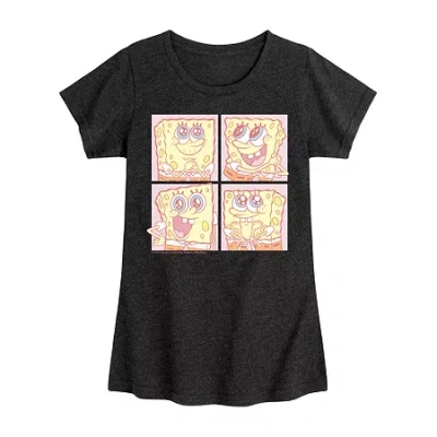 Air Waves Cute Face Grid Big Kid Girls Crew Neck Short Sleeve Classic Fit Spongebob Graphic T-shirt In Black