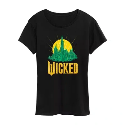 Air Waves Emerald City Womens Crew Neck Short Sleeve Regular Fit Wicked Graphic T-shirt In Black
