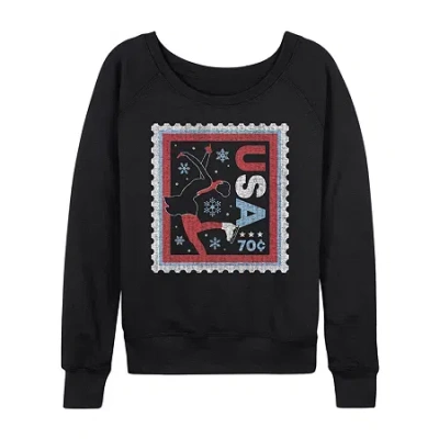 Air Waves Figure Skater Stamp Womens Boat Neck Long Sleeve Classic Fit Graphic T-shirt In Black