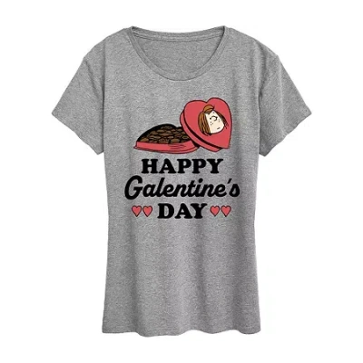 Air Waves Happy Galentines Day Womens Crew Neck Short Sleeve Classic Fit Peanuts Graphic T-shirt In Gray