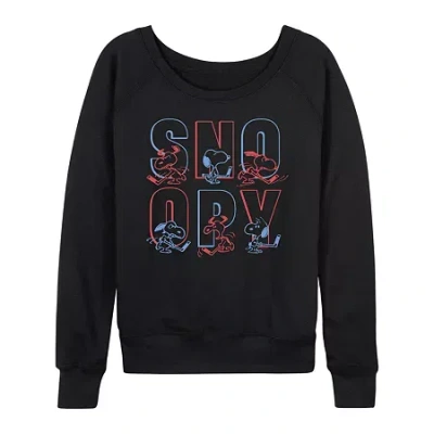 Air Waves Hockey Snoopy Womens Boat Neck Long Sleeve Classic Fit Peanuts Graphic T-shirt In Black