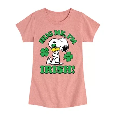 Air Waves Hug Me Im Irish Big Kid Girls Crew Neck Short Sleeve Peanuts T-shirt In Pink