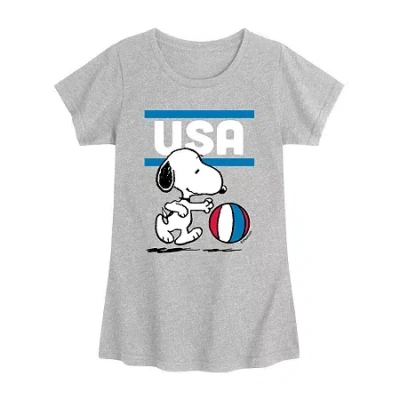 Air Waves Little & Big Kid Girls Crew Neck Short Sleeve Regular Fit Peanuts Snoopy Graphic T-shirt In Gray