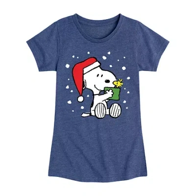 Air Waves Little & Big Kid Girls Round Neck Short Sleeve Regular Fit Peanuts Graphic T-shirt In Blue