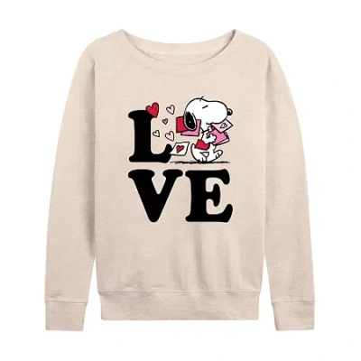 Air Waves Love Snoopy Womens Boat Neck Long Sleeve Classic Fit Peanuts Graphic T-shirt In Sand