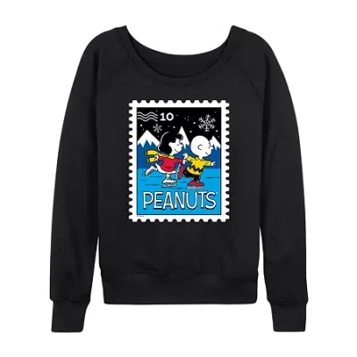 Air Waves Lucy Charlie Winter Stamp Womens Boat Neck Long Sleeve Classic Fit Peanuts Graphic T-shirt In Black