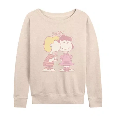 Air Waves Lucy Schroeder Vday Kiss Womens Boat Neck Long Sleeve Classic Fit Peanuts Graphic T-shirt In Neutral