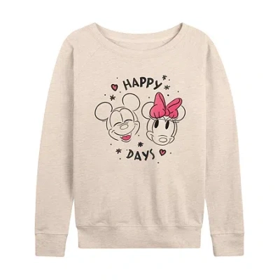 Air Waves Mickey Minnie Happy Days Womens Boat Neck Long Sleeve Classic Fit Mickey And Friends Graphic T-shirt In Sand
