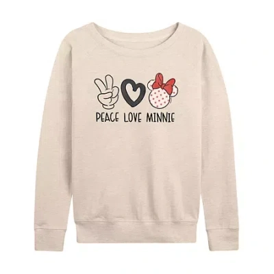 Air Waves Peace Love Womens Boat Neck Long Sleeve Classic Fit Minnie Mouse Graphic T-shirt In Pink