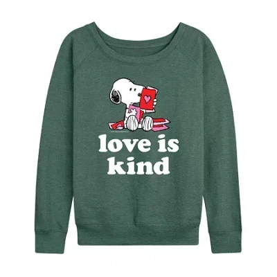 Air Waves Peanuts Love Is Kind Womens Boat Neck Long Sleeve Classic Fit Peanuts Graphic T-shirt In Green