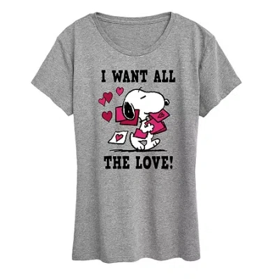 Air Waves Peanuts Valentines All Loveart Womens Crew Neck Short Sleeve Classic Fit Peanuts Graphic T-shirt In Gray
