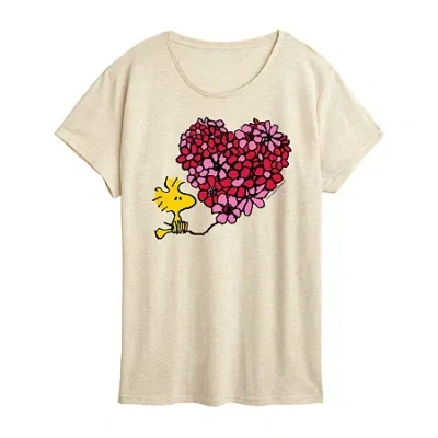 Air Waves Peanuts Woodstock Floral Heart Womens Crew Neck Short Sleeve Classic Fit Peanuts Graphic T-shirt In Neutral