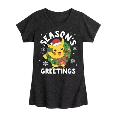 Air Waves Pikachu Seasons Greetings Big Kid Girls Crew Neck Short Sleeve Pokeman T-shirt In Black