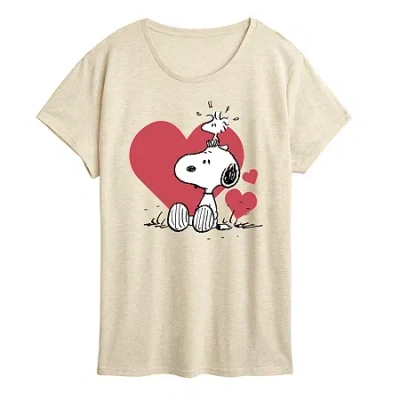 Air Waves Snoopy And Woodstock Heart Womens Scoop Neck Short Sleeve Classic Fit Peanuts Graphic T-shirt In Sand