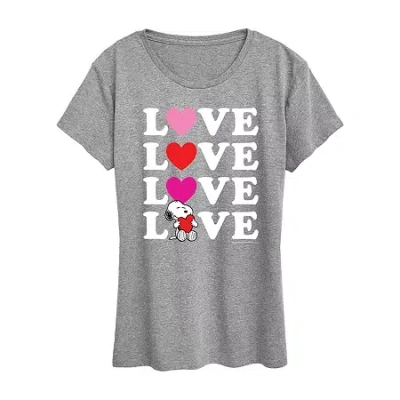 Air Waves Snoopy Love Stacked Womens Crew Neck Short Sleeve Classic Fit Peanuts Graphic T-shirt In Gray