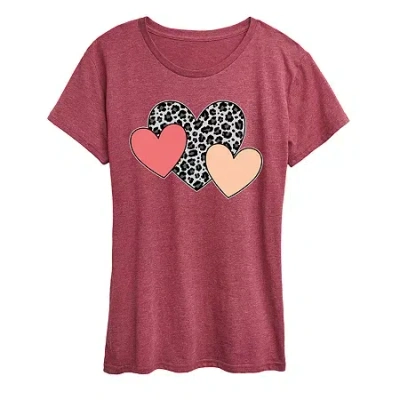 Air Waves Snow Leopard Colored Hearts Womens Crew Neck Short Sleeve Classic Fit Graphic T-shirt In Red