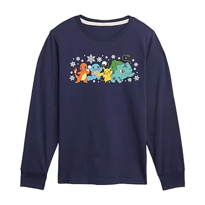 Air Waves Snow Pikachu And Friends Little & Big Kid Boys Crew Neck Long Sleeve Regular Fit Pokemon Graphic T-s In Blue