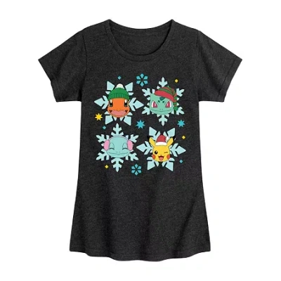 Air Waves Snowflakes Big Kid Girls Crew Neck Short Sleeve Pokeman T-shirt In Black