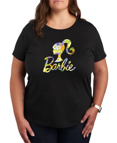 Air Waves Trendy Plus Size Barbie Flowers Graphic Short Sleeve T-shirt In Black