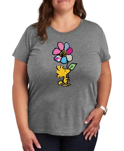 Air Waves Trendy Plus Size Peanuts Woodstock Flower Graphic T-shirt In Gray