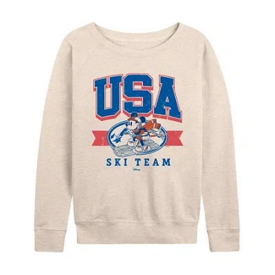 Air Waves Usa Ski Team Womens Boat Neck Long Sleeve Classic Fit Mickey Mouse Graphic T-shirt In Neutral