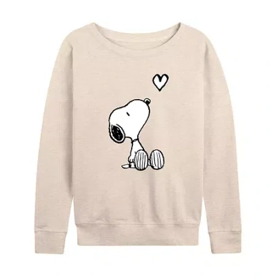 Air Waves Valentines Snoopy Heartart Womens Boat Neck Long Sleeve Classic Fit Peanuts Graphic T-shirt In Sand