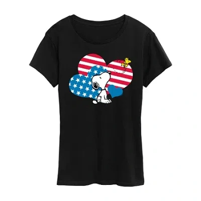 Air Waves Womens Crew Neck Short Sleeve Regular Fit Peanuts Graphic T-shirt In Black