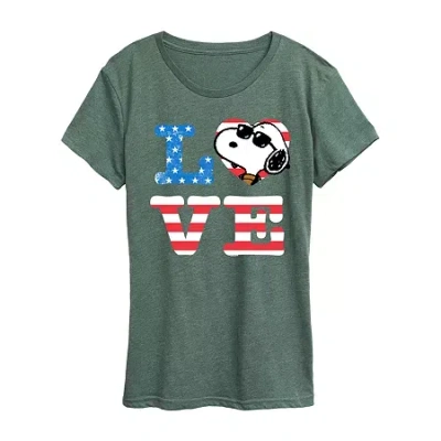 Air Waves Womens Crew Neck Short Sleeve Regular Fit Peanuts Graphic T-shirt In Green