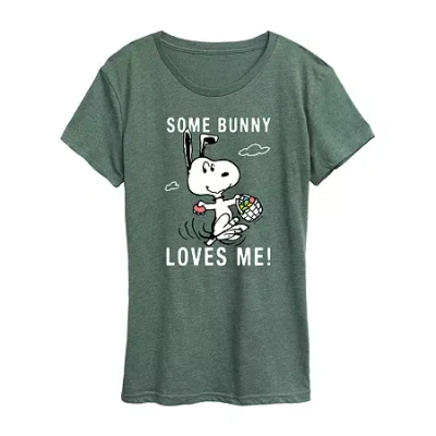 Air Waves Womens Crew Neck Short Sleeve Regular Fit Peanuts Snoopy Graphic T-shirt In Green