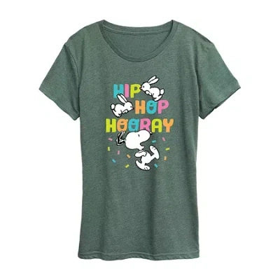 Air Waves Womens Crew Neck Short Sleeve Regular Fit Peanuts Snoopy Graphic T-shirt In Green