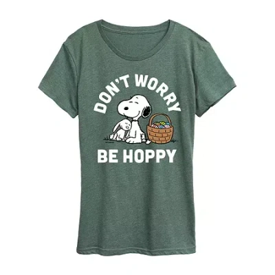 Air Waves Womens Crew Neck Short Sleeve Regular Fit Peanuts Snoopy Graphic T-shirt In Green